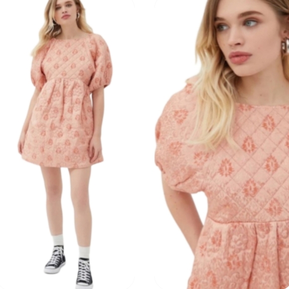 Kimchi Blue Astrid Coral Textured Floral Mini Babydoll Dress Puff Sleeves S - Picture 1 of 14